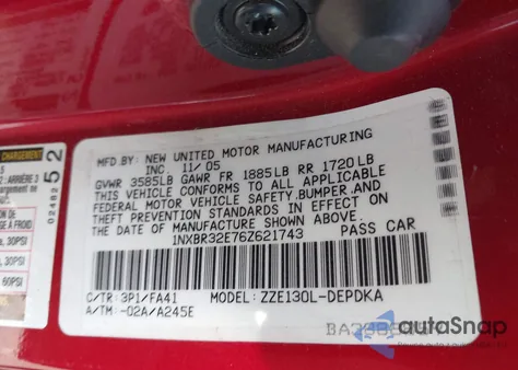 2006 Toyota Corolla Ce from USA, damaged, VIN 1NXBR32E76Z621743